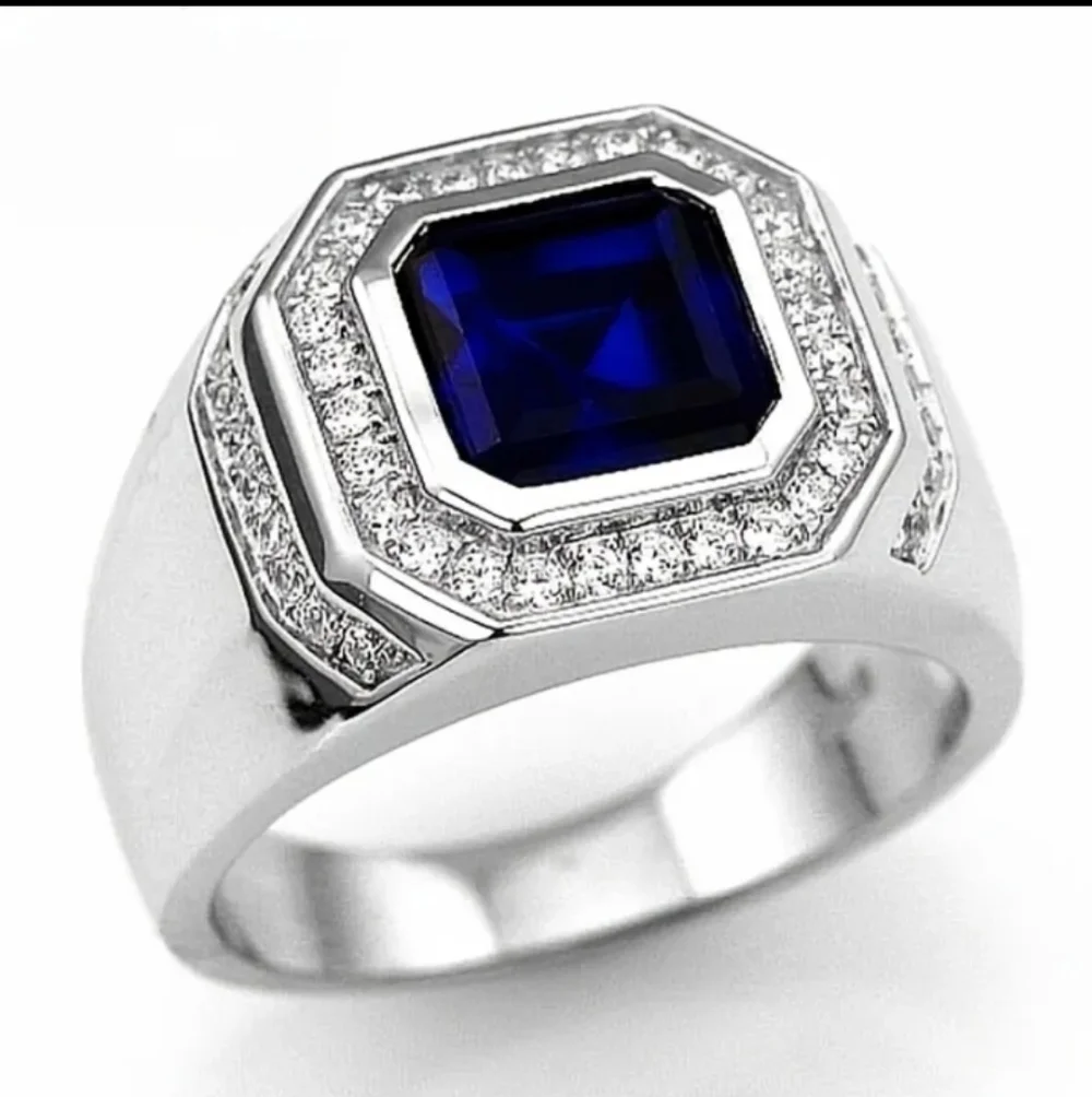 Stainless Steel Blue Gemstone Crystal Ring Men's